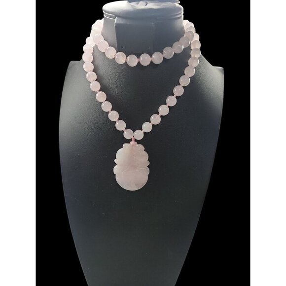 Chinese Rose Quartz Hand Knotted Mala Lotus Design Necklace 28" Vintage - Picture 16 of 16